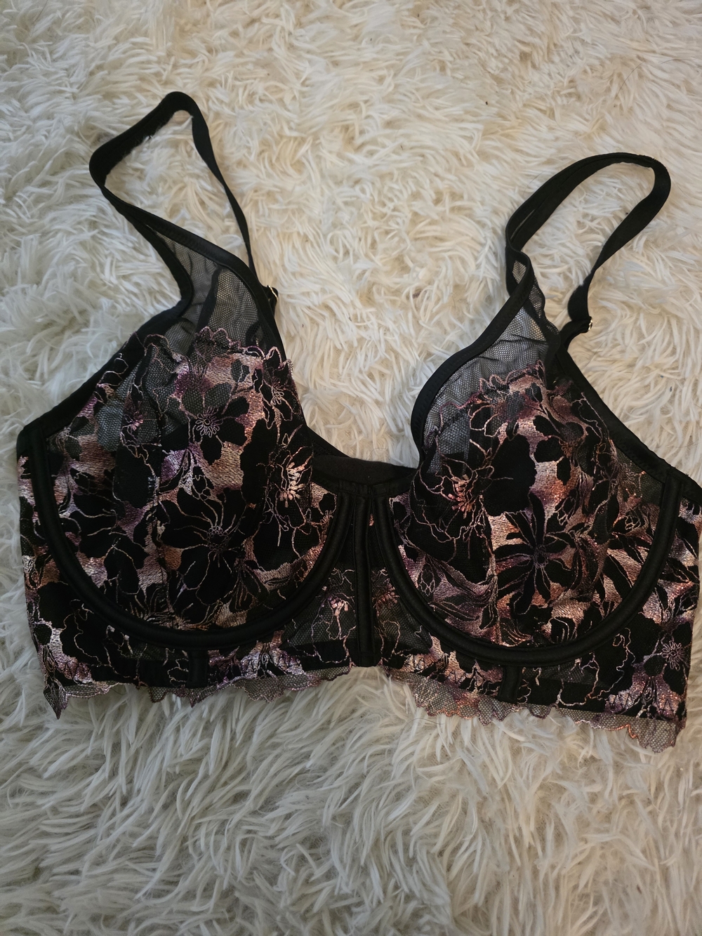 Victoria's Secret Black Bra with Metallic Pink Floral Lace